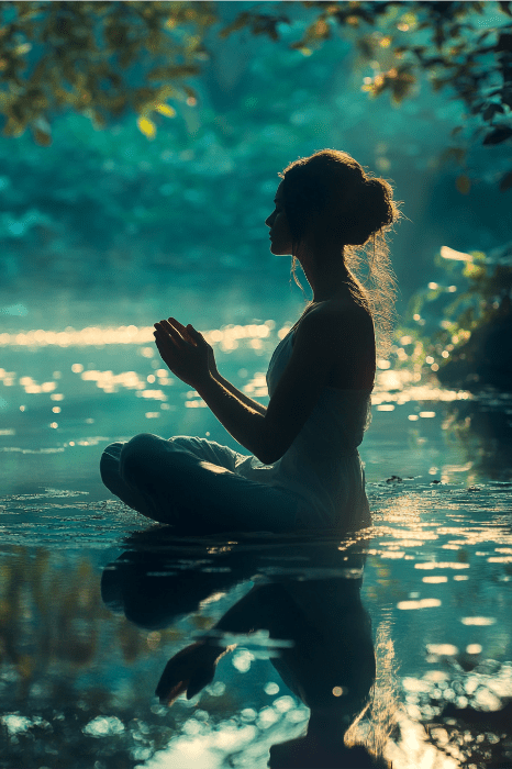 Bajo una luz serena, la silueta de una persona medita junto al lago, rodeada de árboles, reflexionando sobre lo que ofrece una sencilla oración diaria de AA: paz y claridad.