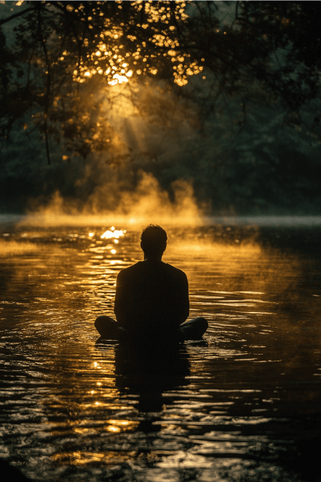 Silueta de una persona meditando en un lago al amanecer, con la bruma y la luz del sol filtrándose entre los árboles, encarnando una serenidad similar a la calma invocada por una sencilla oración diaria de AA.