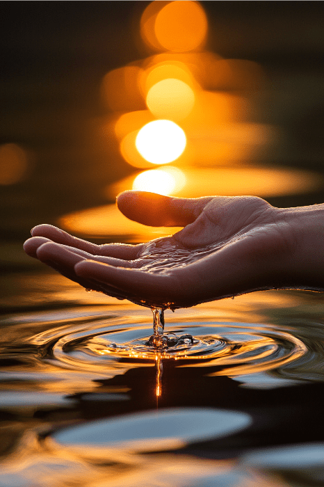 La luz dorada del sol se refleja en el agua, creando ondas brillantes que recuerdan los momentos de reflexión y gratitud, similares a la esencia de la Oración de Gratitud de AA.