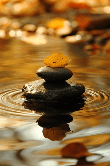 Una pila de guijarros con una hoja encima, rodeados de agua ondulante que refleja los cálidos colores otoñales, invoca un momento de serenidad similar a la pacífica introspección de la Oración de Gratitud de AA.