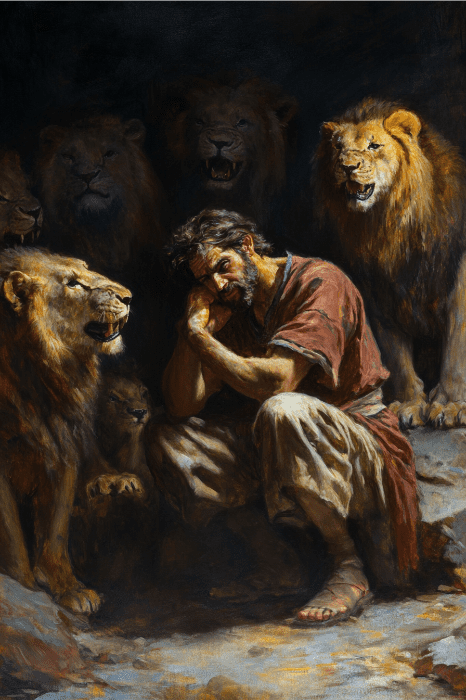 Em uma cena perfeita para ideias de histórias infantis para a igreja, um homem senta-se calmamente em uma caverna, cercado por leões, banhado por uma luz dramática, personificando a fé e a coragem.