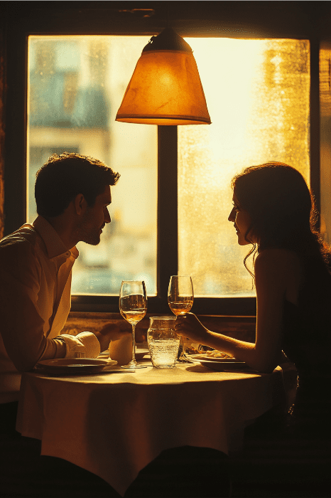 En el espíritu de los temas de San Valentín para la iglesia, una pareja en silueta se sienta a la mesa, con sus copas de vino captando la cálida luz del sol que entra por la ventana.