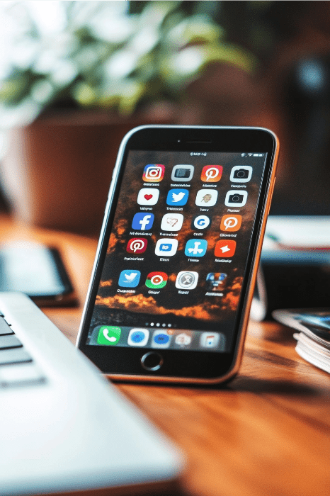 Un teléfono inteligente con aplicaciones de redes sociales descansa sobre un escritorio junto a un ordenador portátil y una maceta, en un entorno ideal para intercambiar ideas innovadoras sobre la captación de fieles.