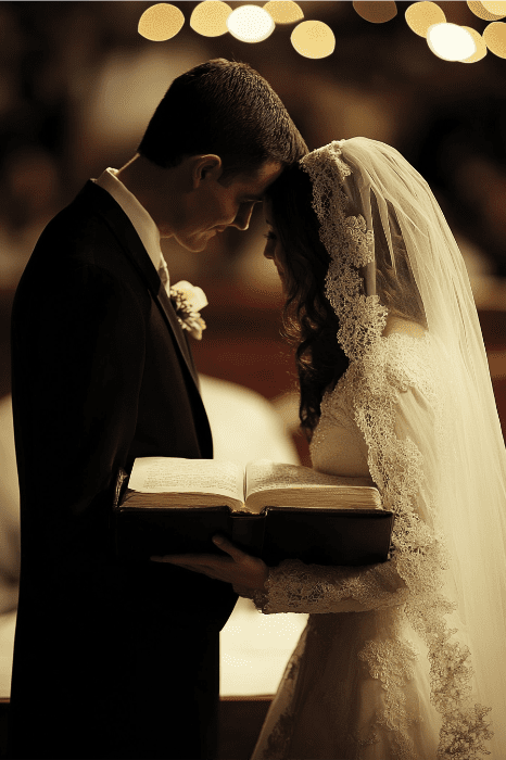 Bride and groom with foreheads touching, holding an open book titled "KJV Devotions for Married Couples," under soft, warm lighting.