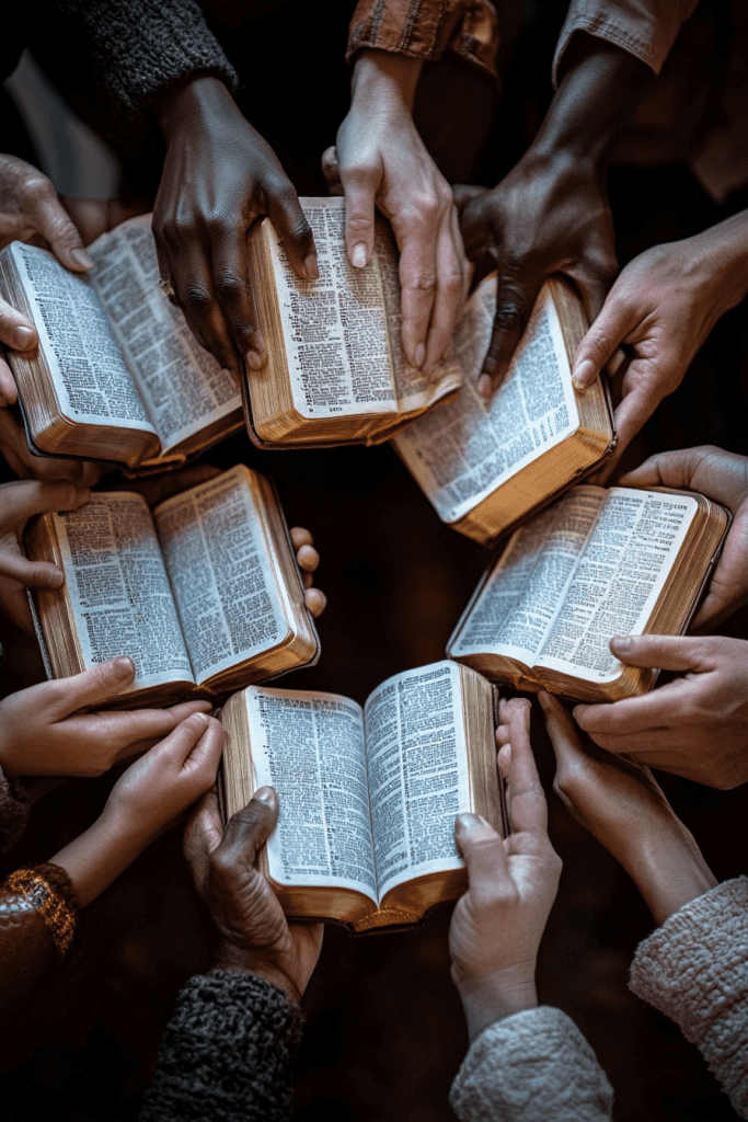 Un grupo diverso de manos que sostienen libros abiertos en formación circular, mostrando páginas estrechamente impresas, fomenta una sensación de comunidad y bienestar mental similar a la de un edificante estudio bíblico.