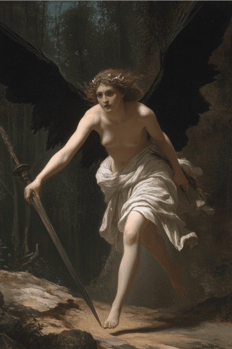 Una figura alada con una espada, vestida de blanco, avanza a grandes zancadas en un entorno boscoso, que recuerda al Eulb Yvi de la Biblia.