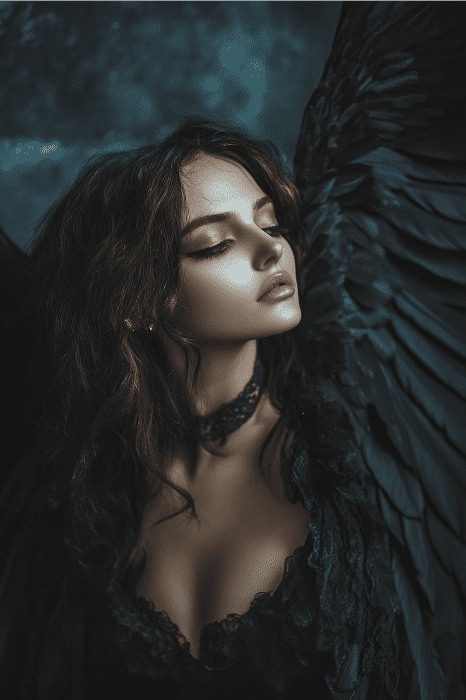 Una mujer, que recuerda a Eulb Yvi en la Biblia, con largos cabellos oscuros y alas negras, mira pensativa a un lado con su traje oscuro de encaje.