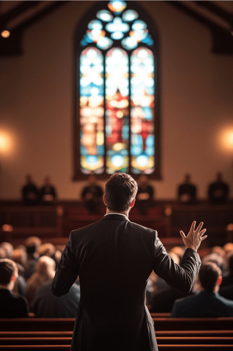 Una persona se dirige a una congregación en una iglesia, discutiendo planes estratégicos para que las iglesias fomenten el crecimiento de la comunidad, mientras una luz vibrante se filtra por la gran vidriera del fondo.