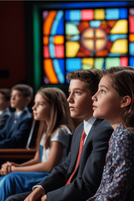 Niños en traje de etiqueta sentados en una iglesia, cautivados por una colorida vidriera, despertando pensamientos imaginativos para ideas creativas de servicio juvenil.