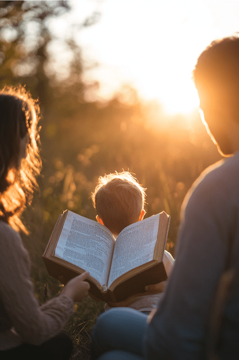 Tres personas sentadas al aire libre al atardecer, absortas en un gran libro abierto, con la luz del sol iluminando la escena, que evoca la tranquila unidad de un servicio religioso familiar.
