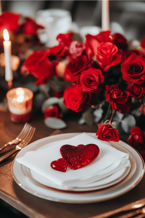 Elegante servicio de mesa para un banquete eclesiástico de San Valentín, con rosas rojas, velas y adornos en forma de corazón bellamente dispuestos sobre una servilleta blanca.