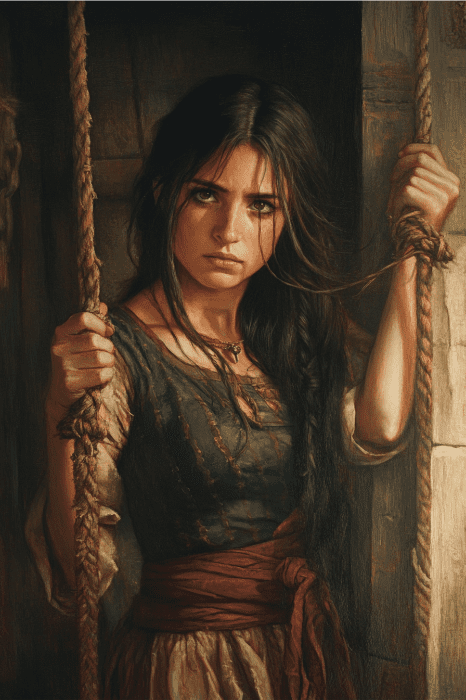 Una mujer de largo cabello oscuro, que recuerda a Rahab en la Biblia, sujeta unas cuerdas mientras viste un rústico vestido verde y rojo, con la mirada fija hacia delante.