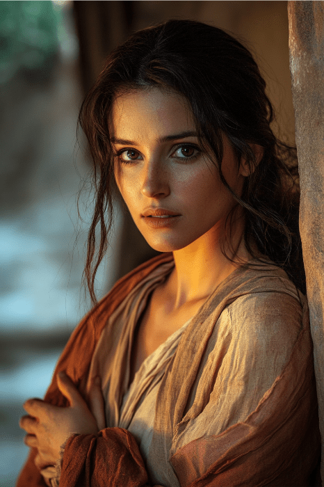 Una mujer de pelo largo y oscuro, con atuendo rústico, está de pie contra una pared, iluminada por una luz cálida y suave, que recuerda las escenas que describen a Rahab en la Biblia.