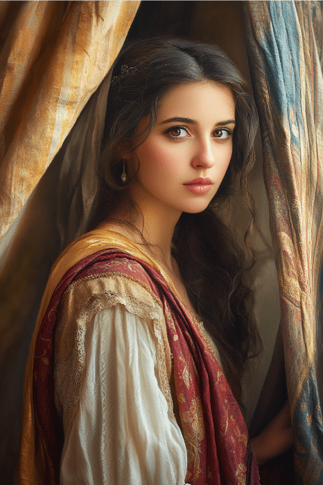 Vestida con ropas históricas, una mujer permanece de pie junto a unas cortinas ornamentadas, mirando pensativamente a la cámara, recordando la época de Rahab, una figura cuyo valor y sabiduría se celebran en la Biblia.
