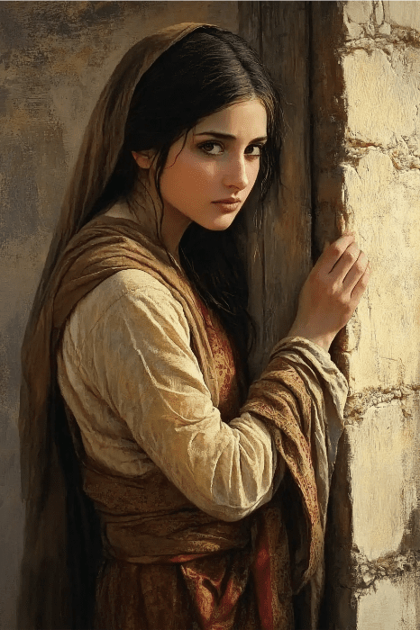 El cuadro de una mujer de pelo oscuro, con pañuelo en la cabeza y ropa rústica, junto a una pared con textura, evoca la historia de Rahab en la Biblia, una figura conocida por su valentía y transformación.