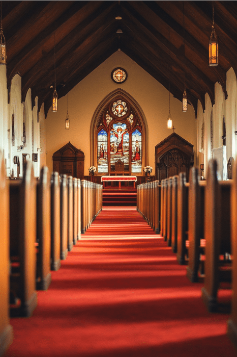 El interior de la iglesia desprende un ambiente acogedor con su alfombra roja, sus bancos de madera y la impresionante vidriera del altar, un marco perfecto para inspirar ideas de contratación en la iglesia.