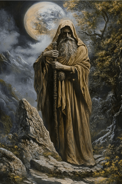 Una figura encapuchada con un bastón se alza en un paisaje rocoso bajo la luna llena, mientras los árboles y las montañas se ciernen como centinelas silenciosos. Parecen los misteriosos visitantes de un cuento antiguo, quizá de camino a compartir historias o ideas encantadoras en el mágico Banquete de San Valentín de la Iglesia.