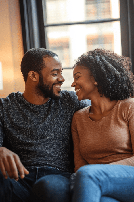 Um casal sorridente senta-se em um sofá, olhando um para o outro com carinho, incorporando o amor e a graça descobertos por meio da fé enquanto exploram como curar um casamento desfeito com Deus.