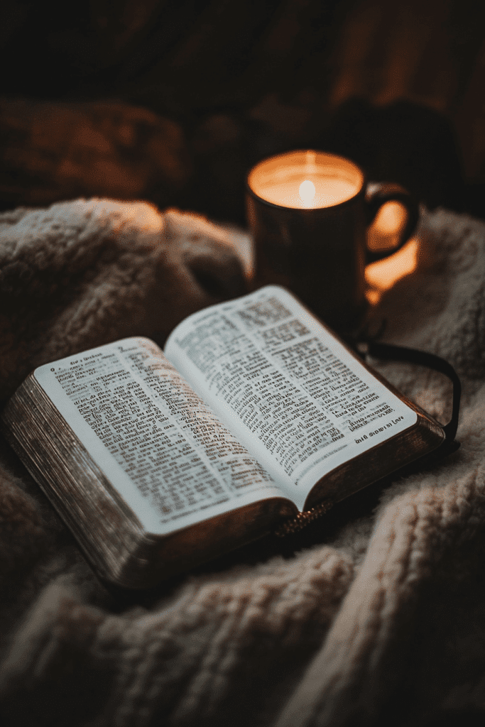 Un libro abierto sobre una acogedora manta con una vela encendida en una taza cerca crea una atmósfera cálida y apacible, perfecta para una introspectiva pausa de salud mental o una reflexiva sesión de estudio de la Biblia.