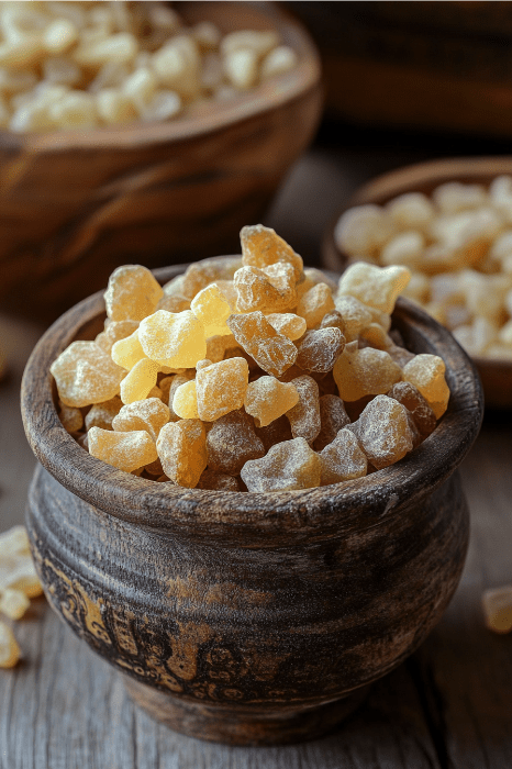 Uma tigela de madeira cheia de pedaços de resina de incenso, um tesouro sagrado frequentemente mencionado em plantas na Bíblia, fica em uma mesa rústica, com mais tigelas suavemente borradas ao fundo.