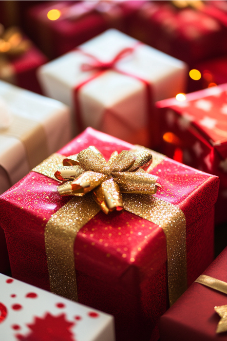 Cajas de regalo rojas y blancas con cintas doradas y rojas, dispuestas muy juntas, que crean un ambiente festivo perfecto para inspirar nuevas ideas de servicios religiosos familiares.