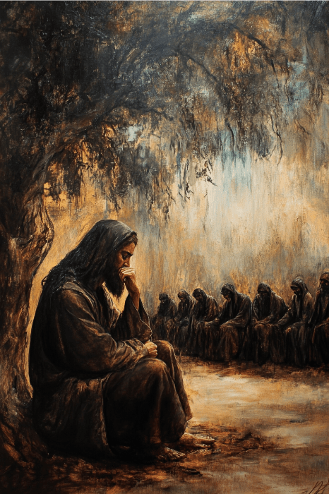 Una figura contemplativa está sentada bajo un árbol, evocando serenidad, reminiscencia de una reflexión de Jueves Santo. Al fondo, una fila de personas se reúne en tonos terrosos, encarnando el espíritu de unidad y las ideas de servicio compartidas.