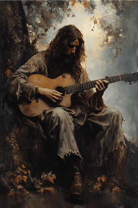 Un hombre con barba y pelo largo toca una guitarra acústica sentado bajo un árbol, vestido con ropas andrajosas, captando la esencia de la vida sencilla y la reflexión, muy parecida a los momentos de tranquilidad que se pueden encontrar en las ideas de los servicios del Jueves Santo.