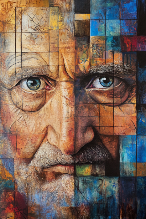 La pintura abstracta del rostro de un anciano, fragmentada por formas geométricas y que recuerda a las vidrieras, evoca una sensación de asombro similar a la de descubrir el amor en el banquete de San Valentín de una iglesia. Los colores vivos y la expresión intensa transmiten una profunda emoción.
