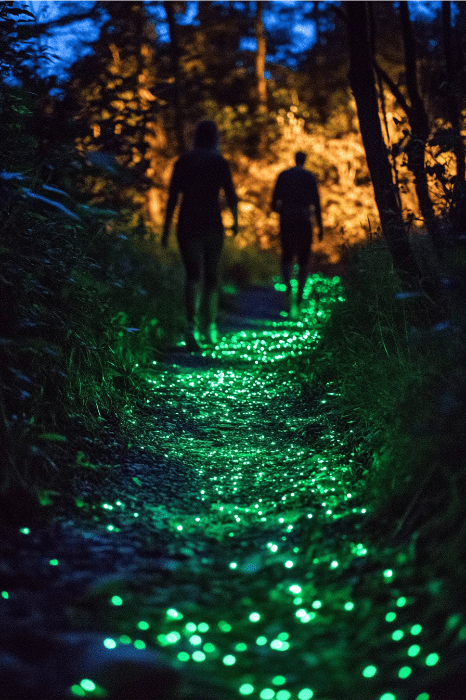 Un sendero forestal iluminado por luces verdes resplandecientes, con dos personas en silueta paseando al atardecer, despierta ideas creativas de servicio a la juventud por su encantador ambiente.