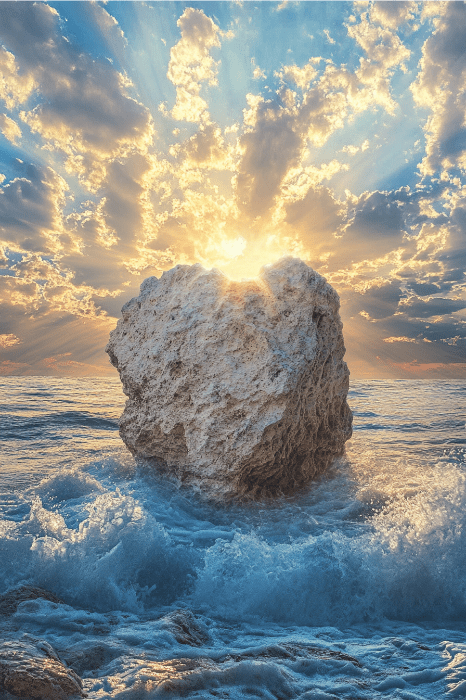Una roca iluminada por el sol emerge de las olas del océano bajo un cielo dramático, donde los rayos de luz se filtran entre las nubes como la inspiración que brilla en las ideas del tablón de anuncios de la iglesia.
