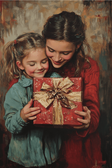 Dos niños sonrientes sostienen un regalo rojo con un lazo dorado, perfecto para inspirar ideas festivas para el tablón de anuncios de la iglesia.