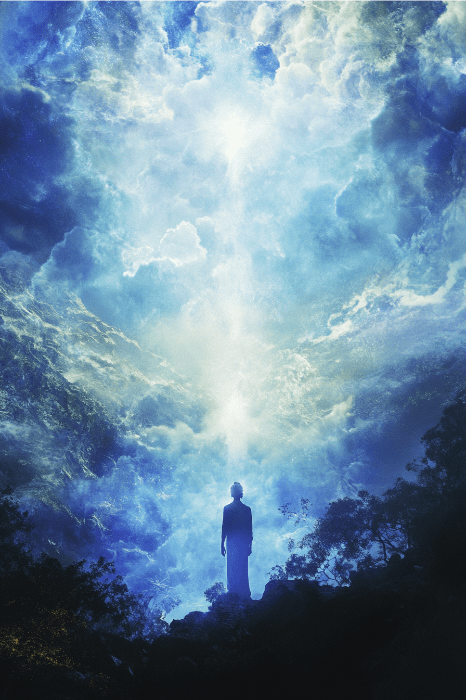 La silueta de una persona se alza bajo un cielo nublado y brillante, pintado en tonos azules y blancos, rodeado de un frondoso follaje, que recuerda las vívidas imágenes del Comentario a los Hechos 3.