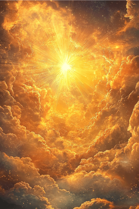 Un sol resplandeciente con rayos radiantes ilumina las nubes doradas en un cielo dramático, ofreciendo consuelo y serenidad como oraciones susurradas para la ansiedad y la depresión.
