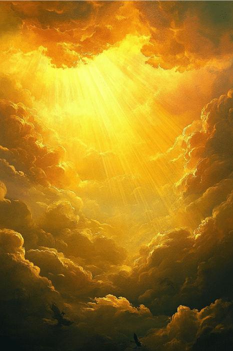 La luz del sol se cuela a través de las nubes doradas, arrojando cálidos matices e iluminando el cielo con un resplandor celestial semejante a las bendiciones para la iglesia, ofreciendo serenas bendiciones desde lo alto.