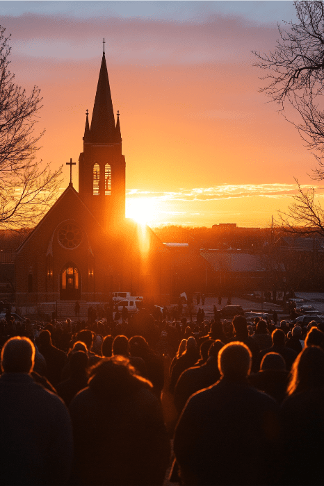 A medida que el sol se pone, arrojando un cálido resplandor, la gente camina hacia la iglesia, con sus pensamientos quizás pensando en ideas para el Servicio del Amanecer de Pascua del próximo amanecer.