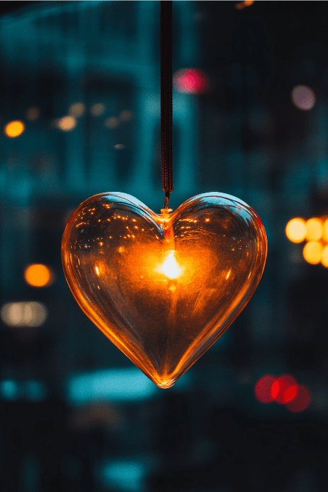Uma lâmpada brilhante em forma de coração, que lembra lições objetivas para a igreja, está pendurada em um fundo noturno borrado da cidade com luzes bokeh.