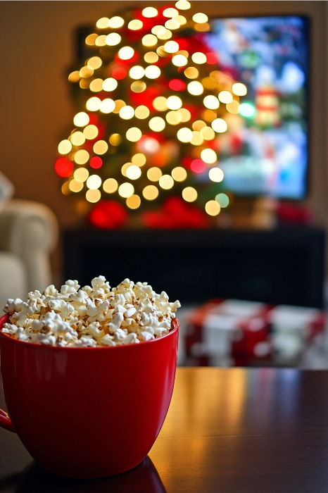 Uma caneca vermelha de pipoca está sobre uma mesa, com uma árvore de Natal embaçada e uma TV ao fundo, perfeita para o brainstorming de ideias de programas de Natal para os jovens da igreja.