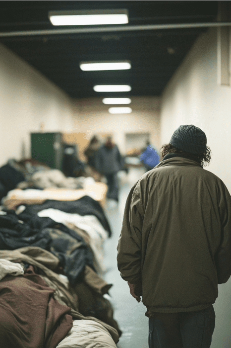 Una persona con gorro y chaqueta recorre un pasillo con camas alineadas a un lado, despertando ideas creativas de servicio a la juventud a lo largo de su trayecto.