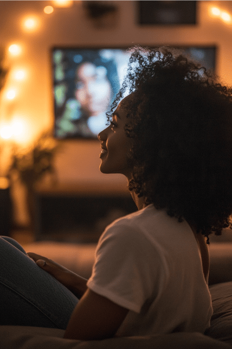 Uma mulher de cabelos cacheados está sentada em uma sala suavemente iluminada e adornada com luzes de corda, assistindo à TV e anotando ideias sobre a História Negra para a igreja em um bloco de notas.