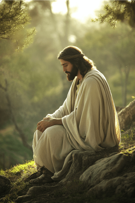 A person in a long robe sits peacefully on rocks in a sunlit forested area, pondering questions and answers as if engaged in tranquil bible games, with trees gently swaying in the background.