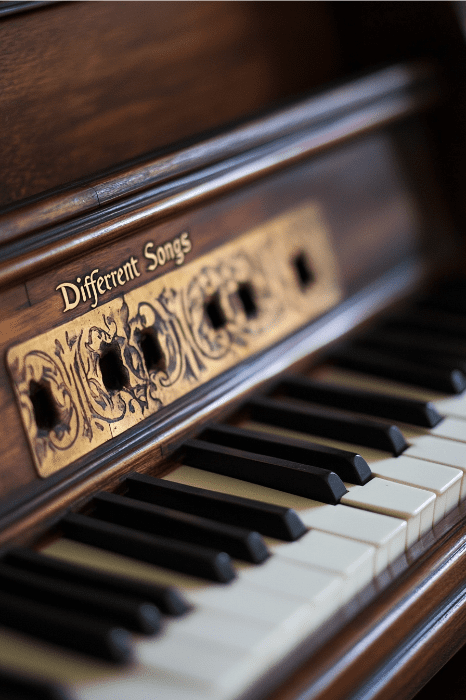 El primer plano de un teclado de piano antiguo, adornado con madera ornamentada y una etiqueta de "Different Songs", evoca el espíritu armonioso de las ideas del servicio del Jueves Santo.
