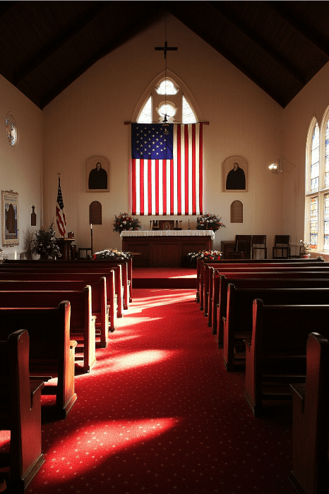 El interior de la iglesia, perfecto para una misa del Día de la Independencia, presenta una alfombra roja y bancos de madera, con una gran bandera estadounidense orgullosamente desplegada detrás del altar.