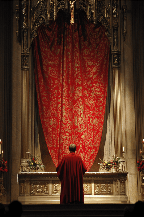 Una persona con una túnica roja ante un altar ornamentado con una gran cortina roja, captando la solemnidad de un Servicio de Instalación de Pastores.