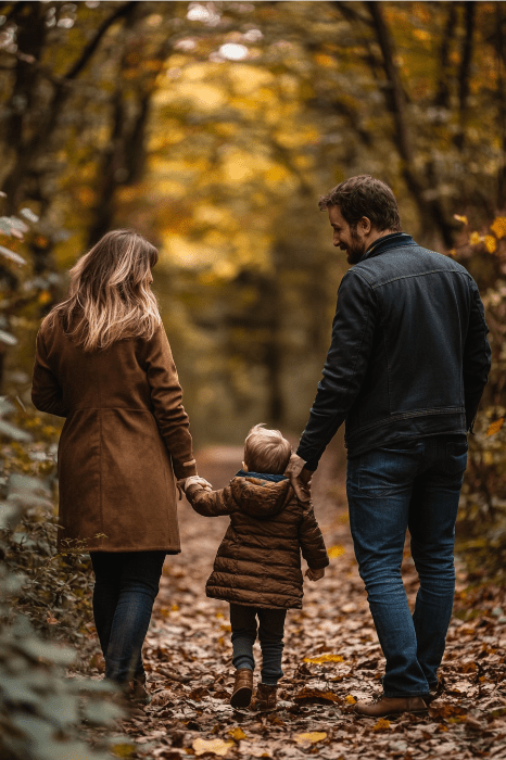 Una familia de tres miembros camina cogida de la mano por un sendero cubierto de hojas en un bosque otoñal, rodeada de árboles de tonos dorados, reflexionando sobre las ideas de reclutamiento en la iglesia y el espíritu de unión que surge al crear fuertes lazos comunitarios.