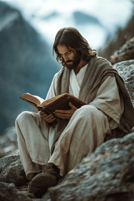 Uma pessoa em trajes históricos senta-se ao ar livre em um terreno rochoso, absorta em um livro sobre tópicos da igreja para discussão, com um sereno pano de fundo montanhoso proporcionando um cenário inspirador.