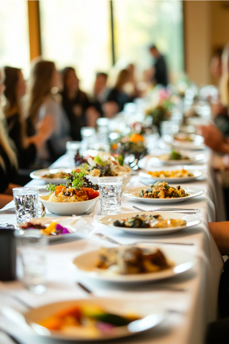 Una mesa bellamente dispuesta con un banquete en una reunión, que recuerda a las queridas ideas de banquetes de San Valentín de la Iglesia, con alegres invitados sentados al fondo.