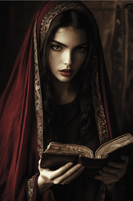 Katherine, como as mulheres de antigamente cujos nomes têm um significado profundo, está sentada em uma sala escura, envolta em um manto vermelho com detalhes dourados. Ela olha atentamente para o livro que tem diante de si, absorta em seus segredos e histórias.