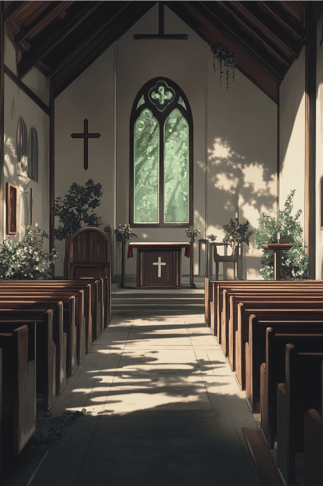 Interior de iglesia iluminado por el sol, con bancos de madera, un altar y una vidriera que proyecta sombras frondosas en el suelo, encarnando ideas inspiradoras de Centro de Bienvenida a Iglesias.
