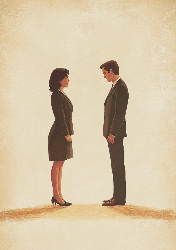 Ilustración de una mujer y un hombre en traje de negocios, cara a cara sobre un fondo beige, que evoca sutilmente los temas de "¿Qué dice la Biblia sobre el matrimonio y el divorcio?