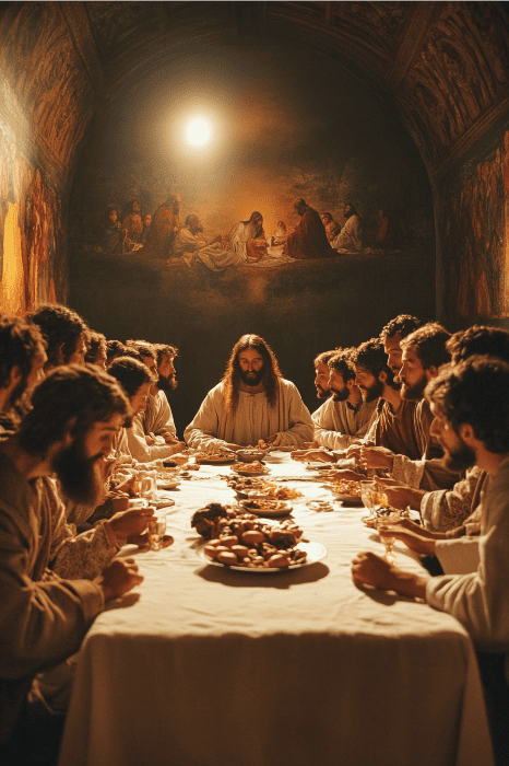 Un grupo de personas se reúne para comer en una larga mesa, que recuerda las ideas del servicio del Jueves Santo, bajo una cálida luz en una sala abovedada.